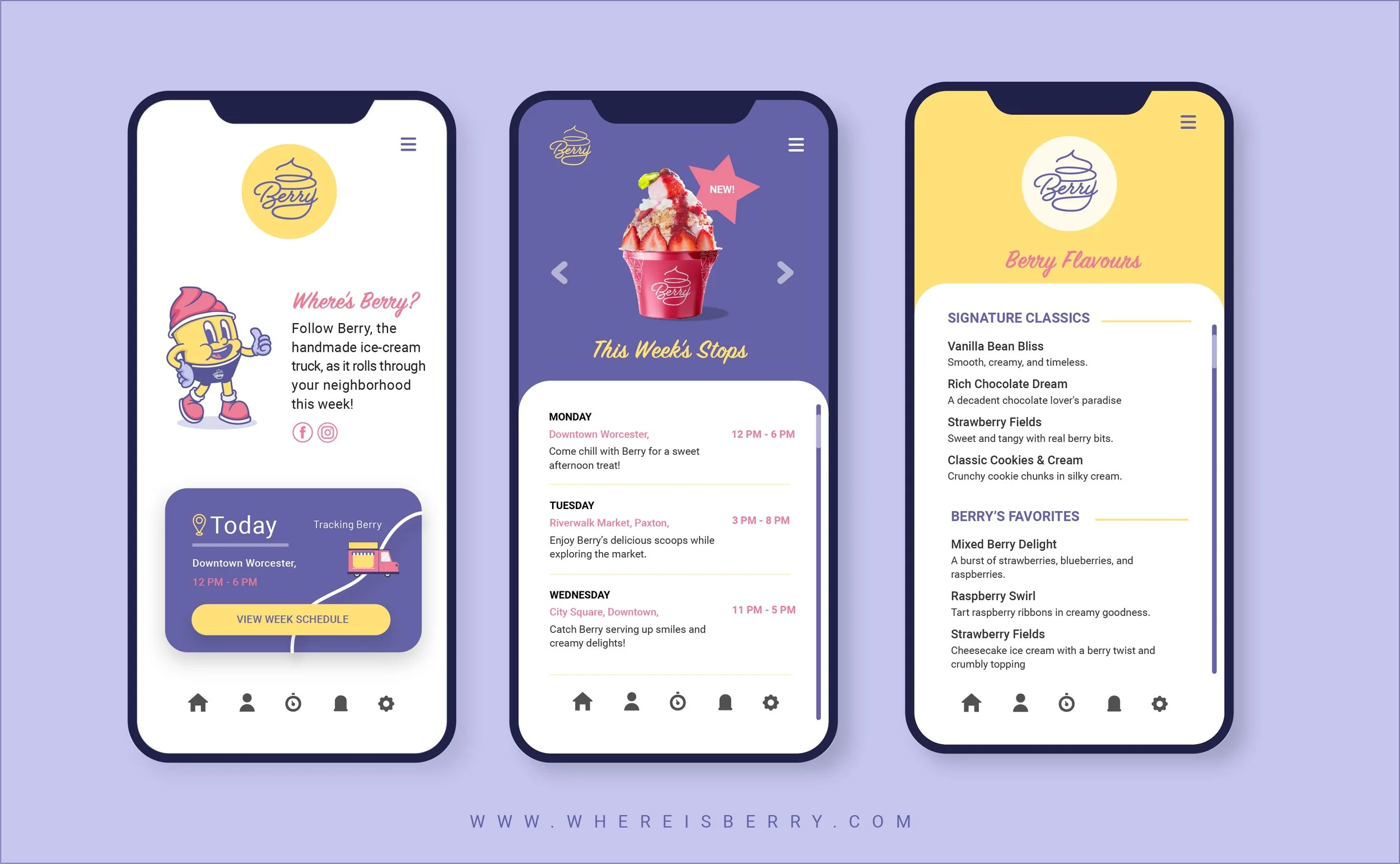 Three smartphones displaying a mobile app for Berry ice cream shop, showing daily schedule, menu items, and flavor options.