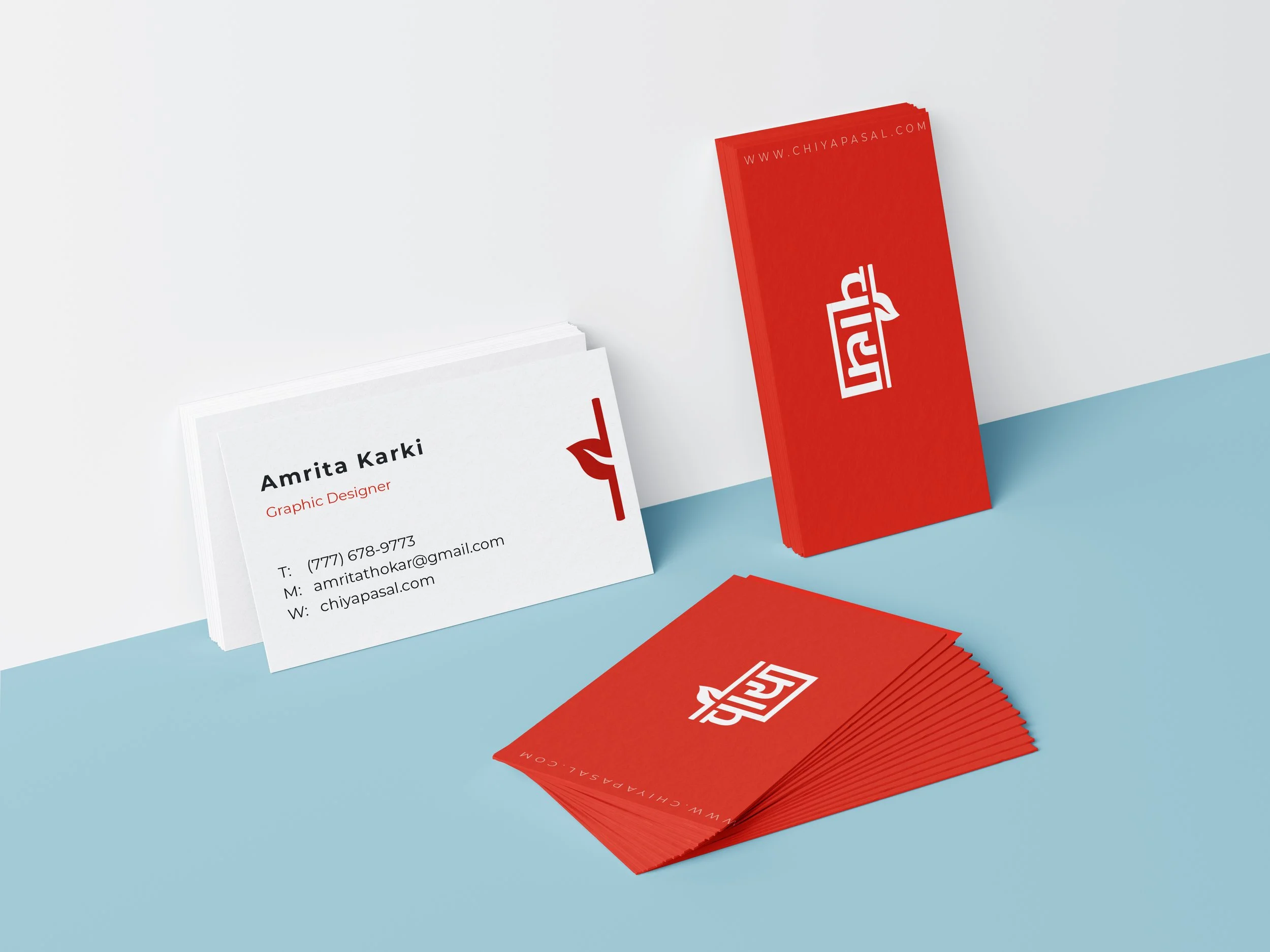 Business cards and brochures featuring a red and white logo for Chiyapasal on a light blue and white surface.