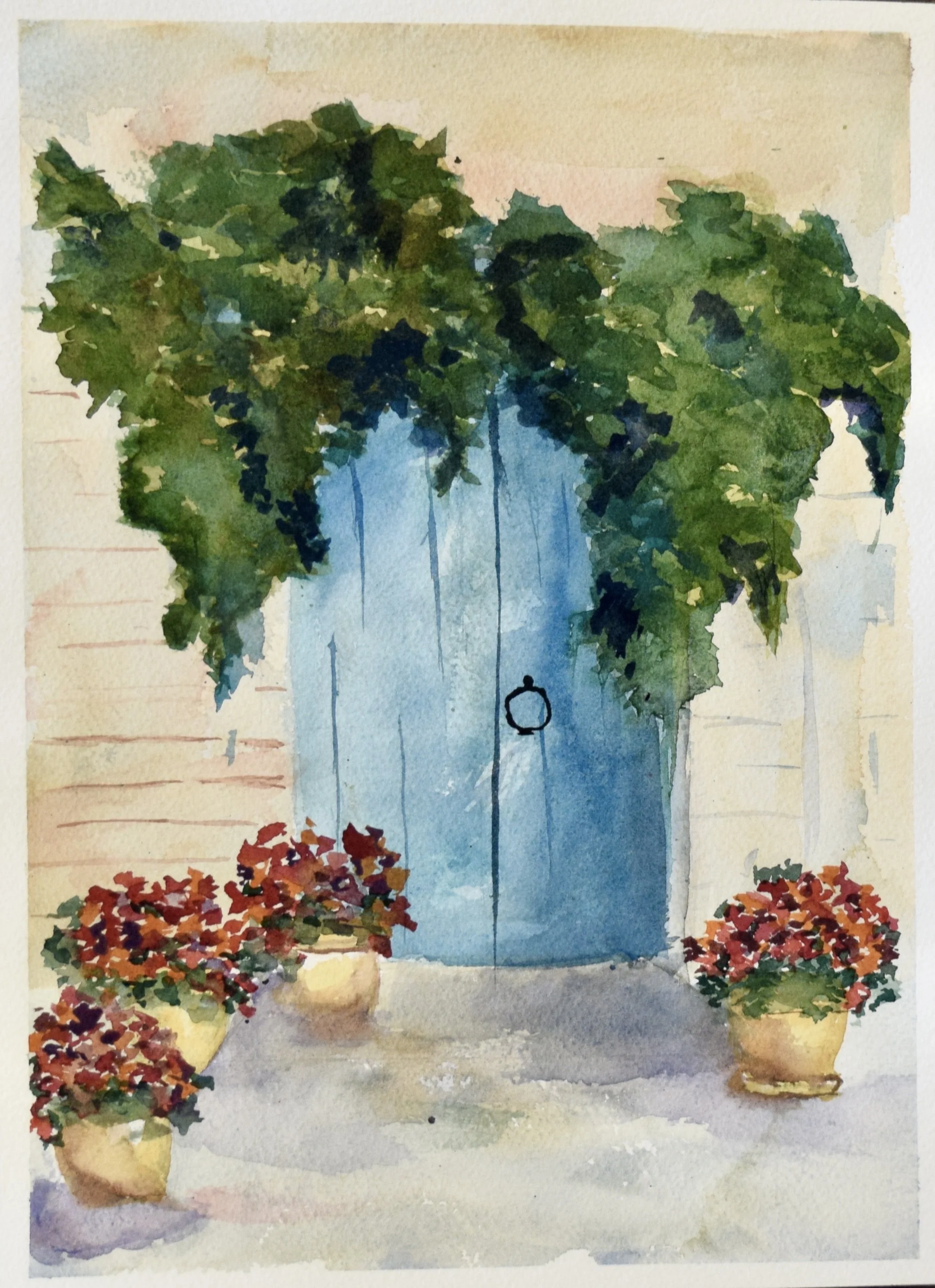 Water color painting of a door with a foilage arch above it and pots of flowers flanking it on the right and left.
