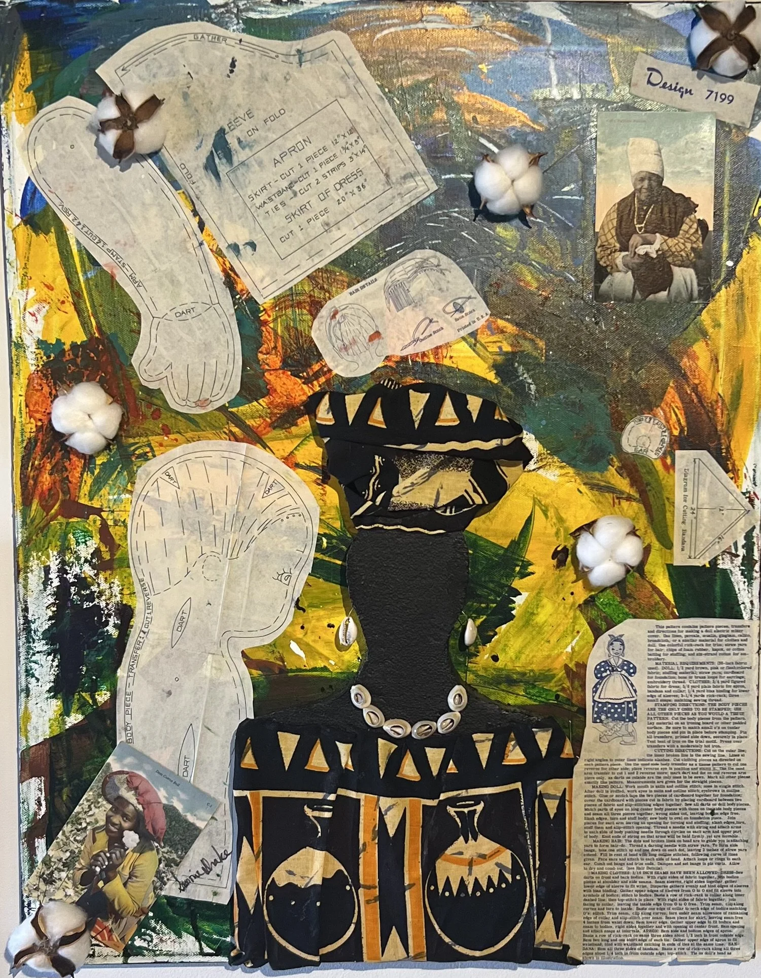 Mixed media art bust of an abstract Black woman decorated in a fabric dress and headdress and surrounded by pieces of a disassembled "mammy" clothing pattern, cotton bolls, and vintage post cards against an abstract painted background.