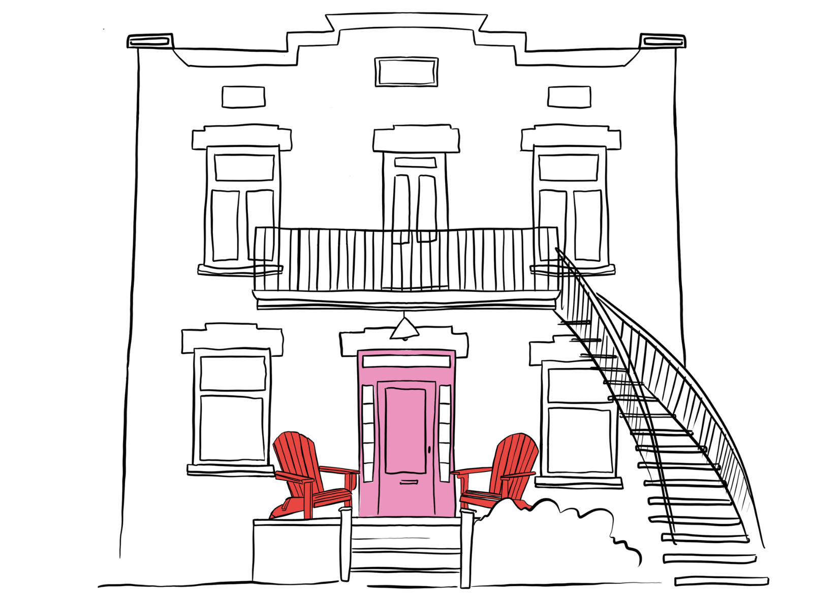 Maison avec porte rose et deux chaises sur un perron, symbole d’un espace de recul stratégique pour dirigeants