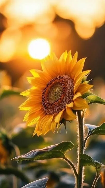 A sunflower standing tall in a field at sunset with the sun shining in the background.