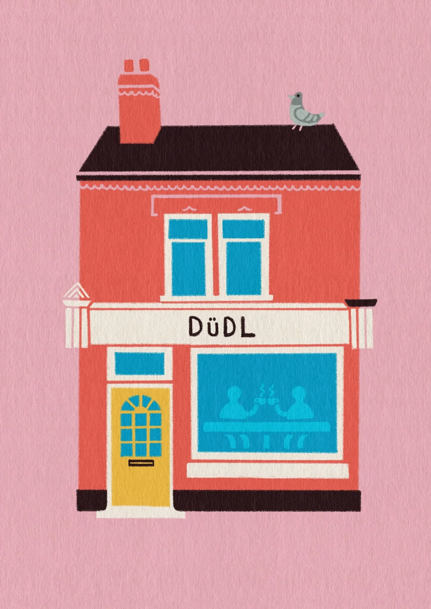 Illustration of a colorful toy building resembling a house with a dog and a pigeon on the roof.