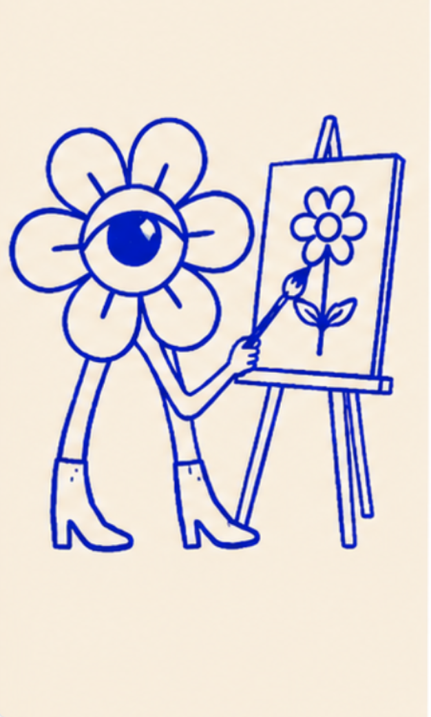 A cartoon flower character with a large eye, wearing high heels, is painting a picture of a flower on an easel.