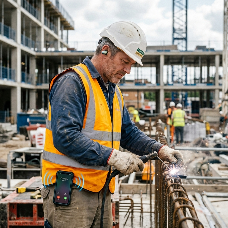 A construction worker welding metal rebar on a construction site with other workers in the background.