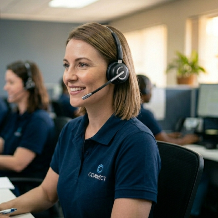 Customer service representative with headset smiling in an office