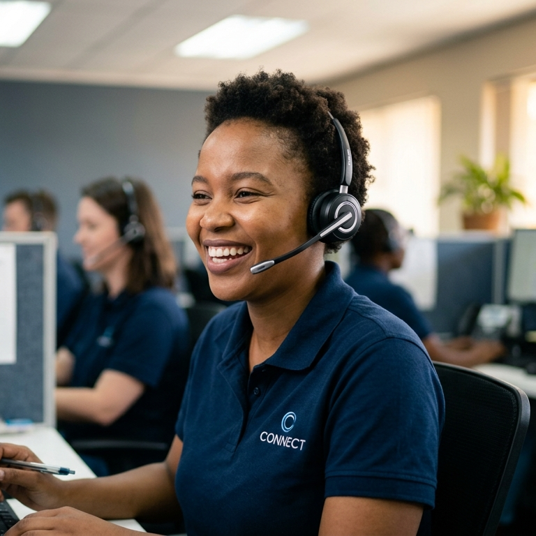 A smiling woman wearing a headset and a navy blue polo shirt with the word 'CONNECT' on it working at a call center with other colleagues in similar attire in the background.