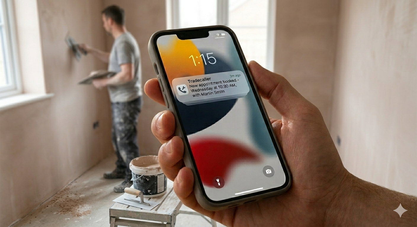 A person holding a smartphone with a notification about a new appointment, with a man in a grey t-shirt and paint-splattered pants working on wall construction in the background.