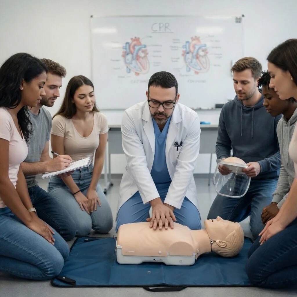 A group of students in a medical training class practicing CPR on a mannequin, guided by an instructor performing chest compressions.
