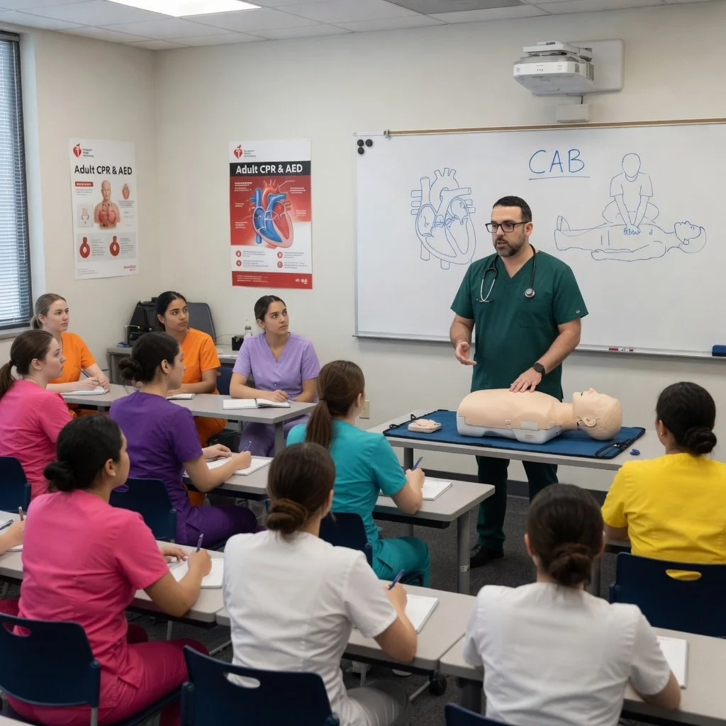 Medical instructor teaching a CPR class to a group of nursing students in a classroom setting.