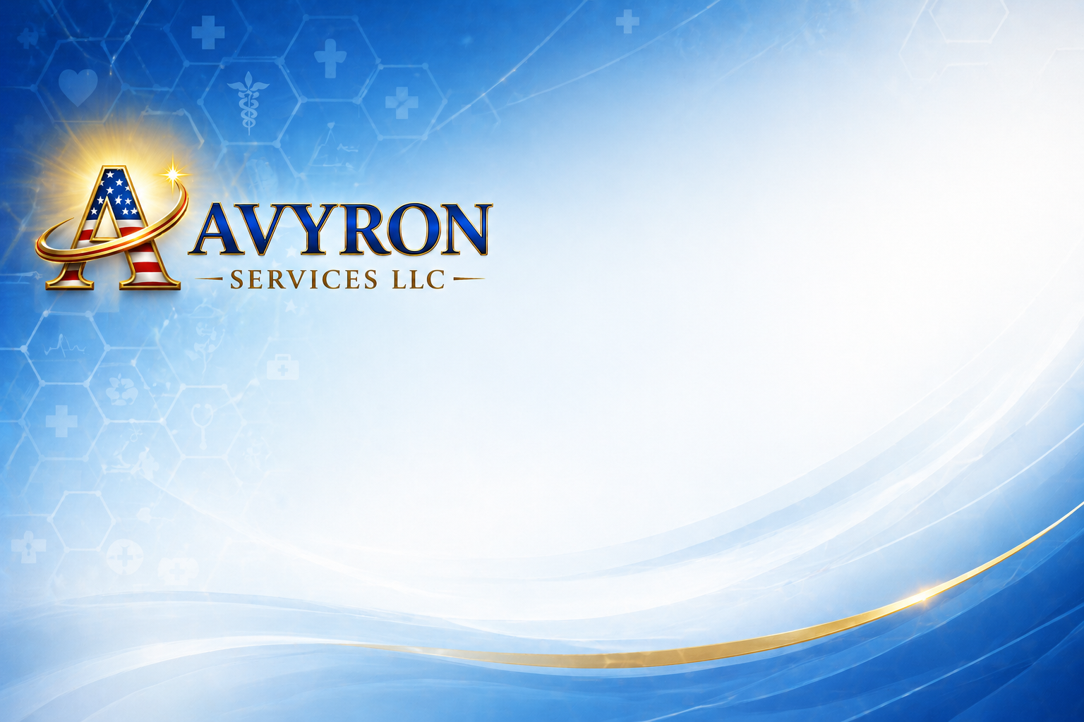 Company logo for AVYRON Services LLC, featuring a stylized letter A with an American flag design and a gold swoosh, set against a blue medical-themed background.