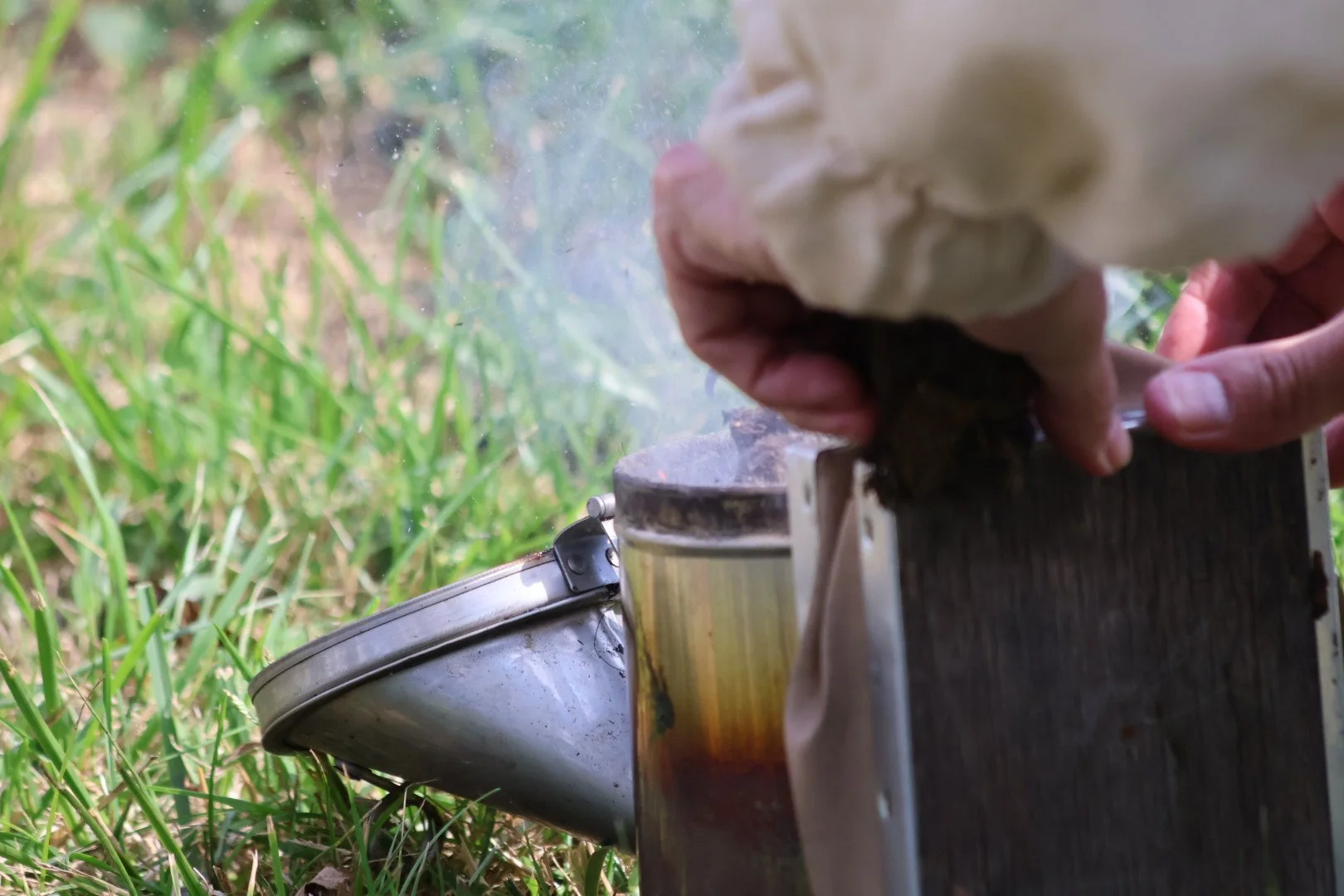 A person wearing a beige jacket is igniting a small camping stove with a flame, with grass and green plants in the background.