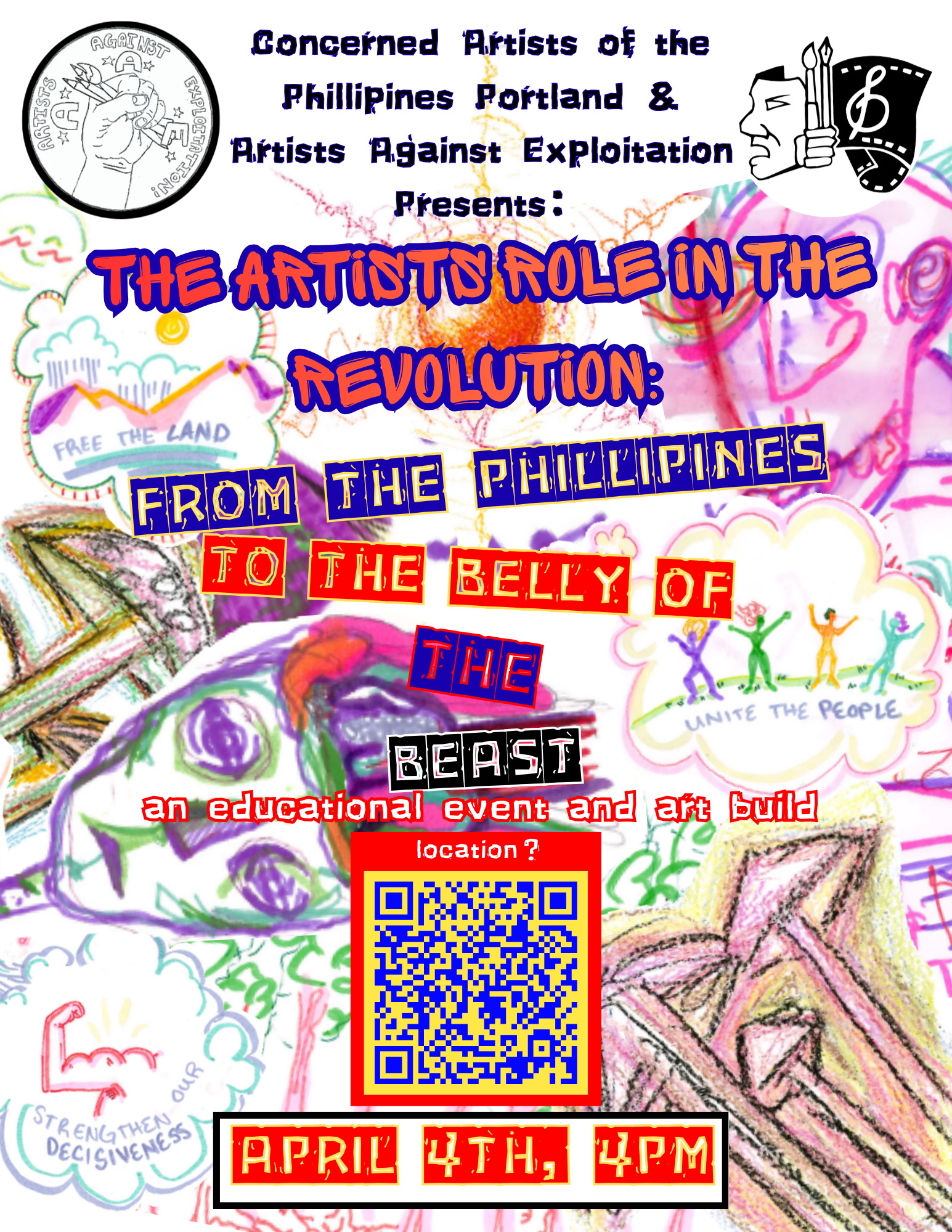 Artists Against Exploitation (AAE) and Concerned Artists of the Phillipines Portland (CAPP) Political Education, event flyer, composed of doodles from previous AAE events. 2026.
