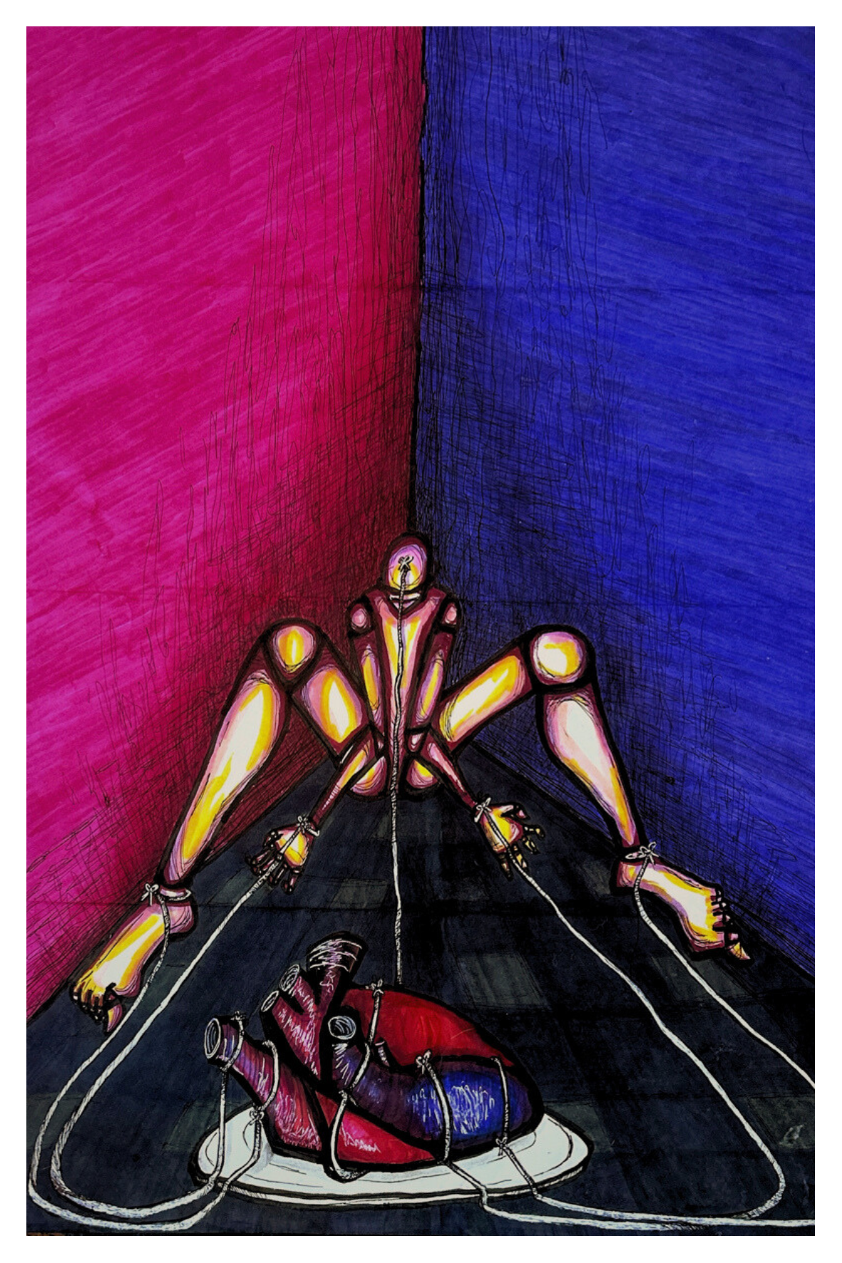 Marionnette, copic markers and ink on paper. 2026.