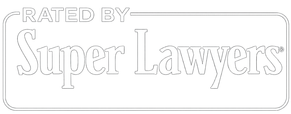 A black and white graphic resembling a badge or label with the text 'Rated by Super Lawyers'.
