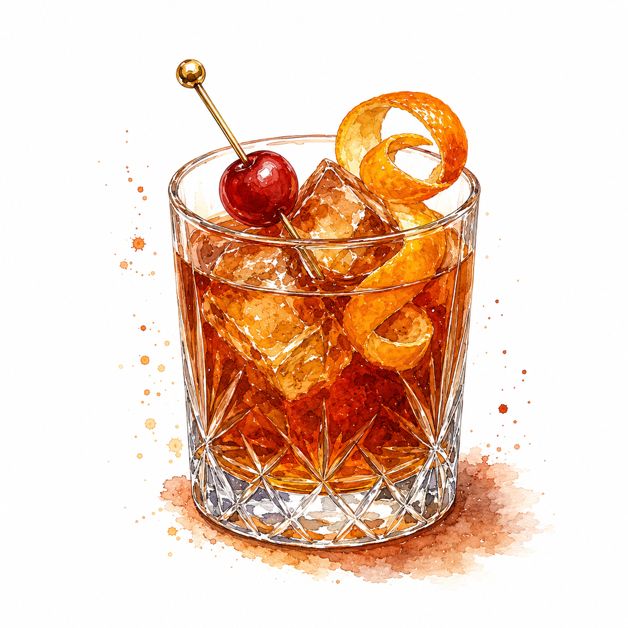 Old Fashioned : Whiskey , Cherry Bitters, Sugar, Orange & Cherry Garnish 