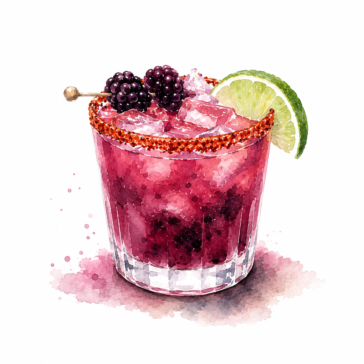 Blackberry Ridge Margarita : Home-made fresh Black berry puree , Lime Juice, Blackberry & Lime Garnish, Tajin Rim