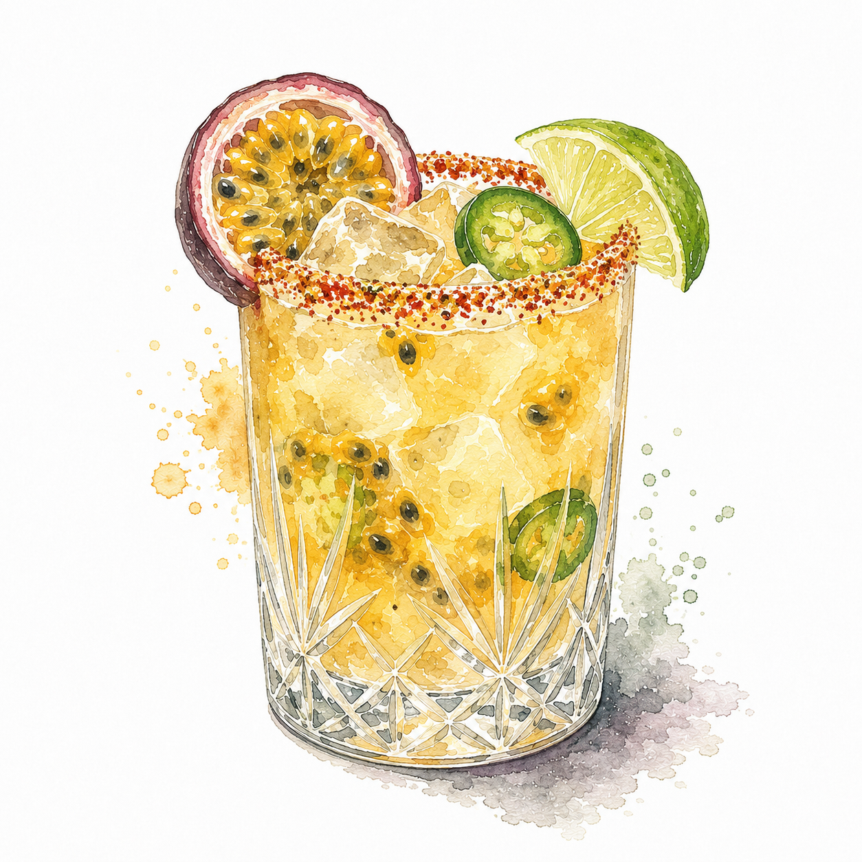 Passion Fruit Jalepeno Margarita : Tequila, Simple Syrup, Fresh Passion Fruit Puree, Fresh Lime Juice, Fresh Jalepinos, Lime Garnish & Tajin Rim 