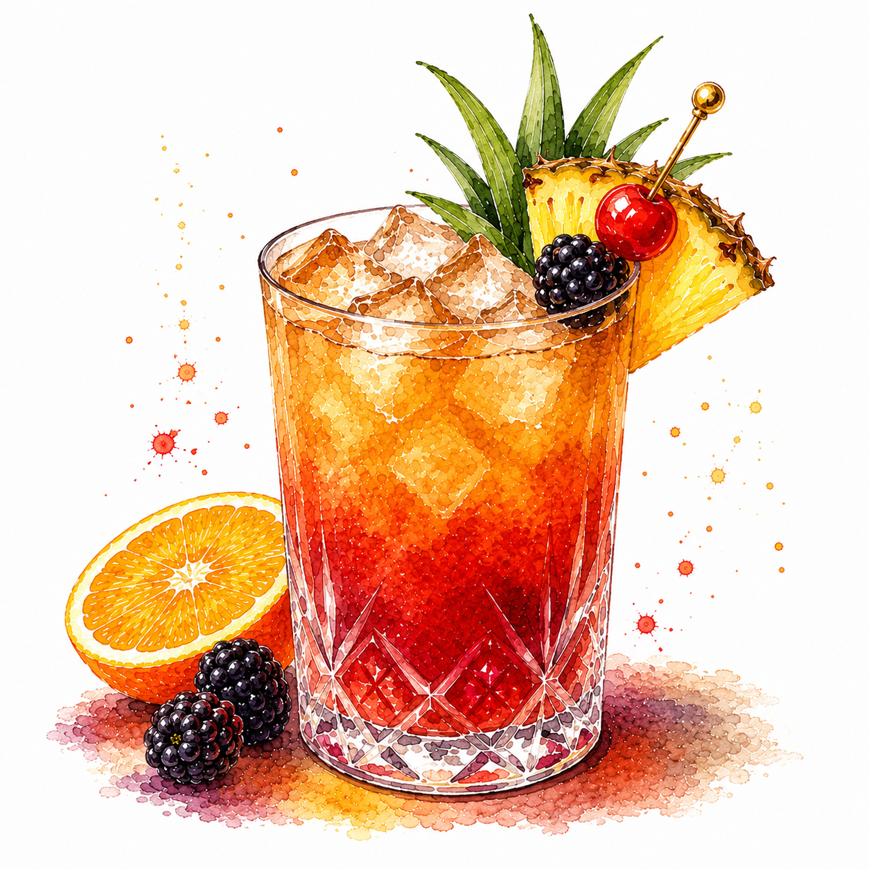 Rum Runner : Light Rum, Blackberry & Bannana Liqueur, Organe & Pineapple Juice, Dark Rum Floater, Orange & Blackberry Garnish  