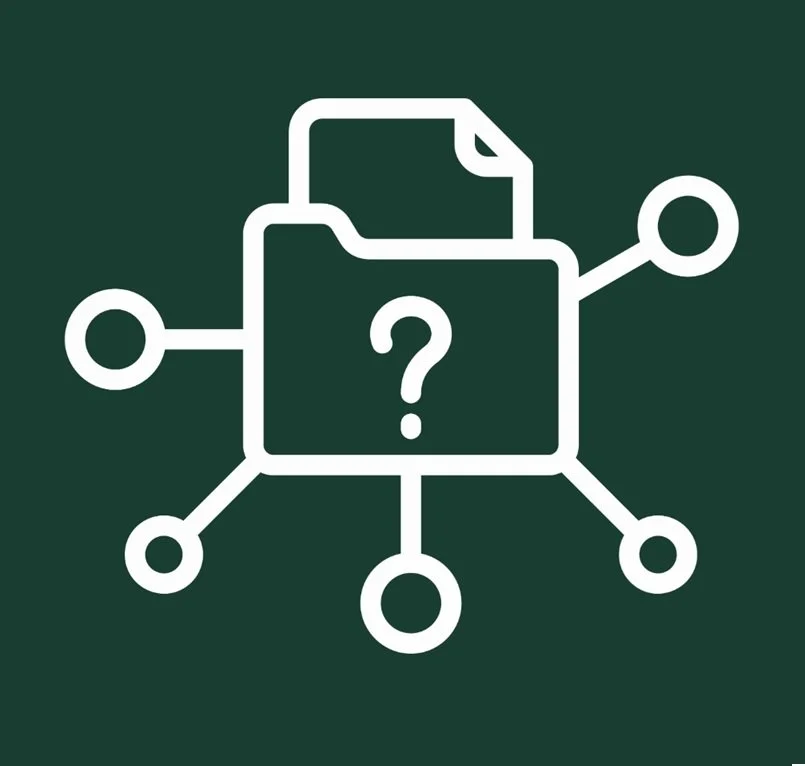 Icon representing a file folder with a question mark, connected to multiple circles.