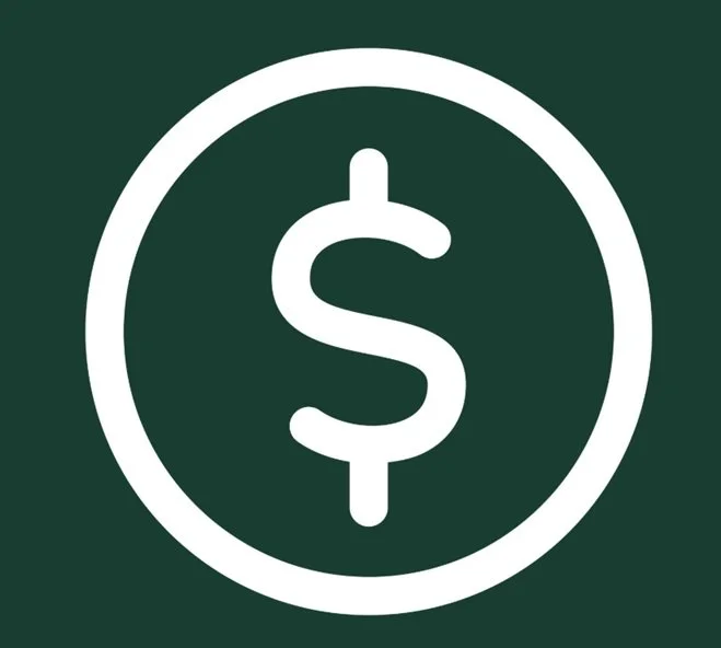 White dollar sign inside a circle on a dark green background.