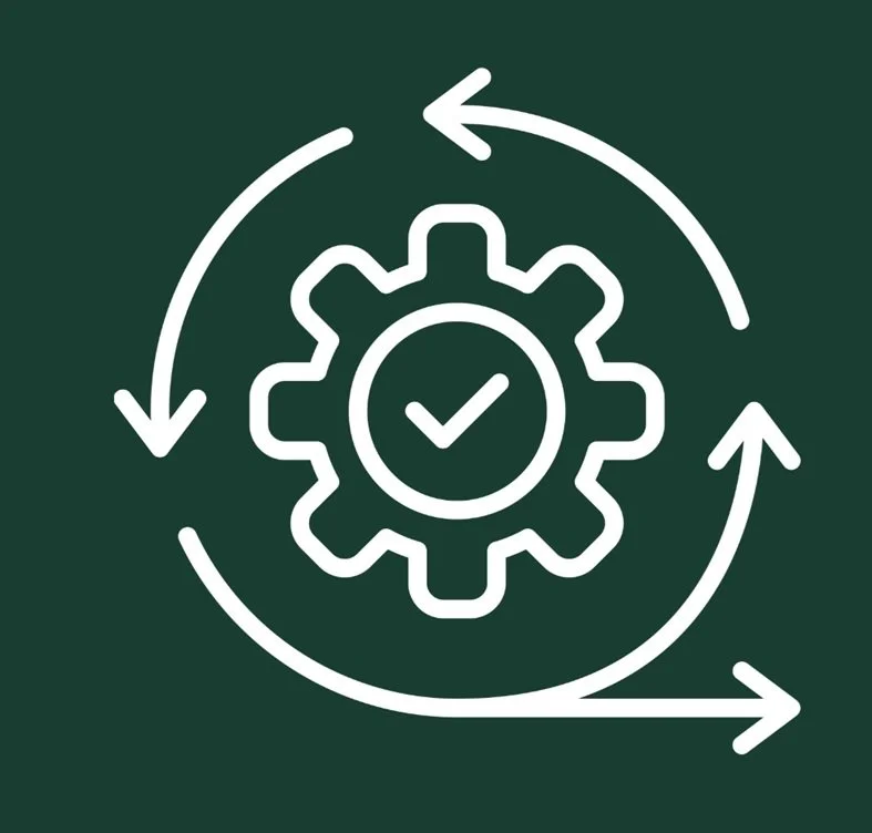 Icon of a gear with a checkmark inside, surrounded by circular arrows indicating a process or cycle, on a dark green background.