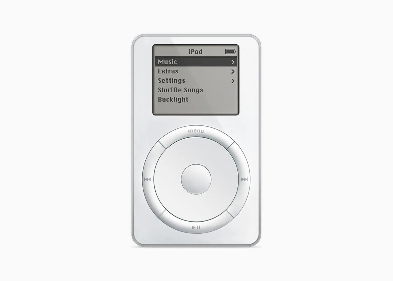 Original iPod Classic 1st Gen with a screen displaying music options and a circular control wheel.