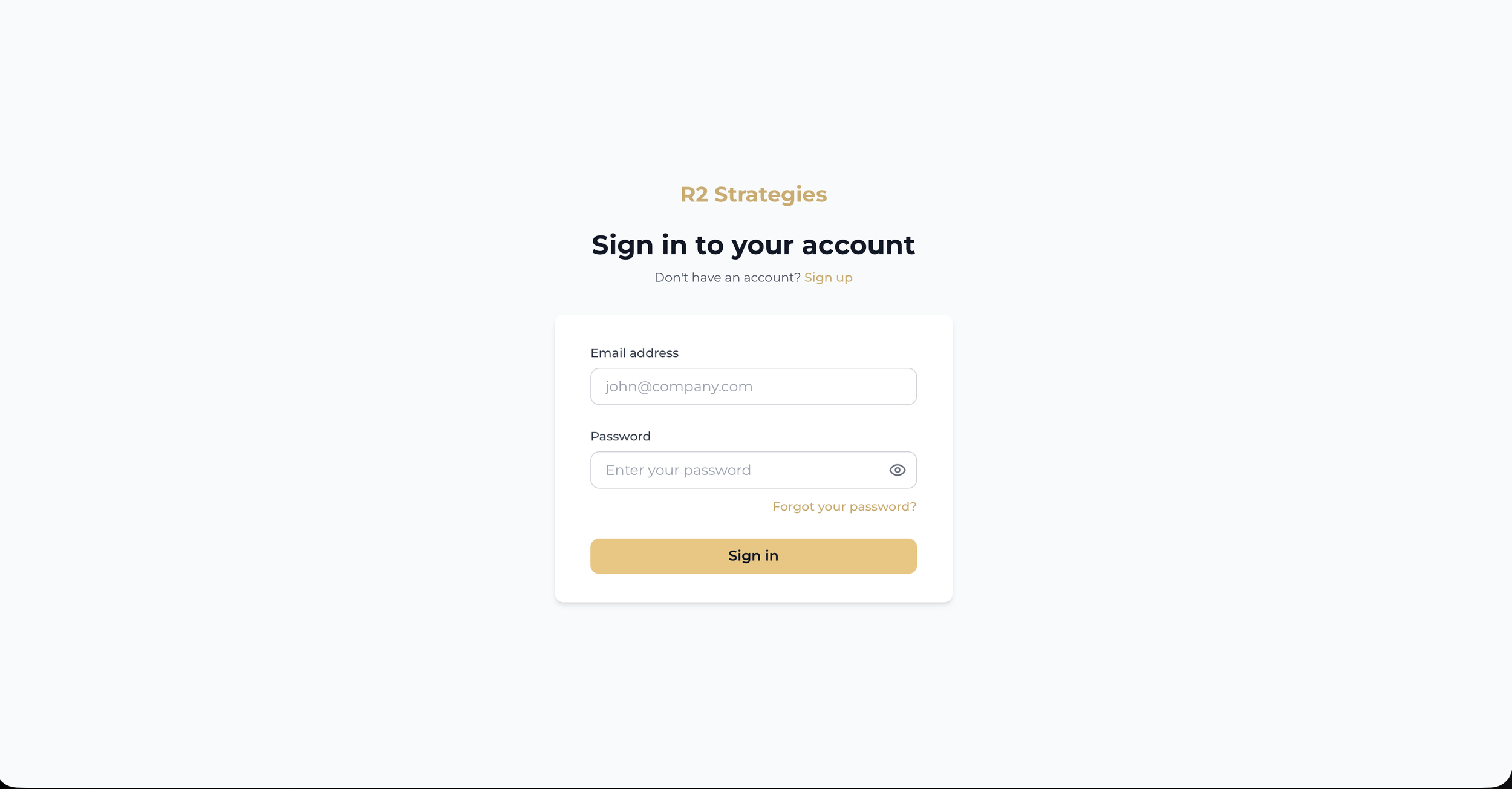 Login webpage for R2 Strategies with fields for email and password and a sign-in button.