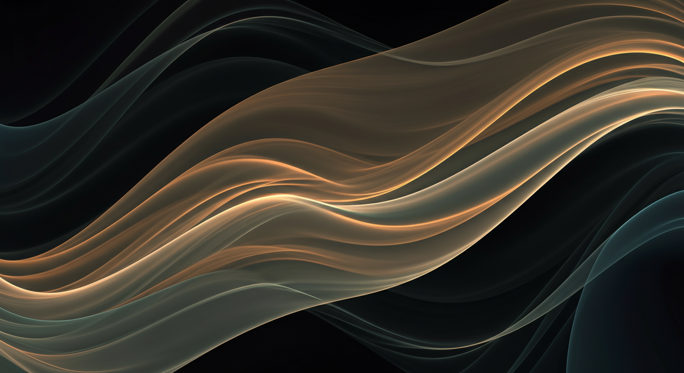 Abstract digital art with flowing, curved lines in shades of gold, beige, gray, and teal against a black background.