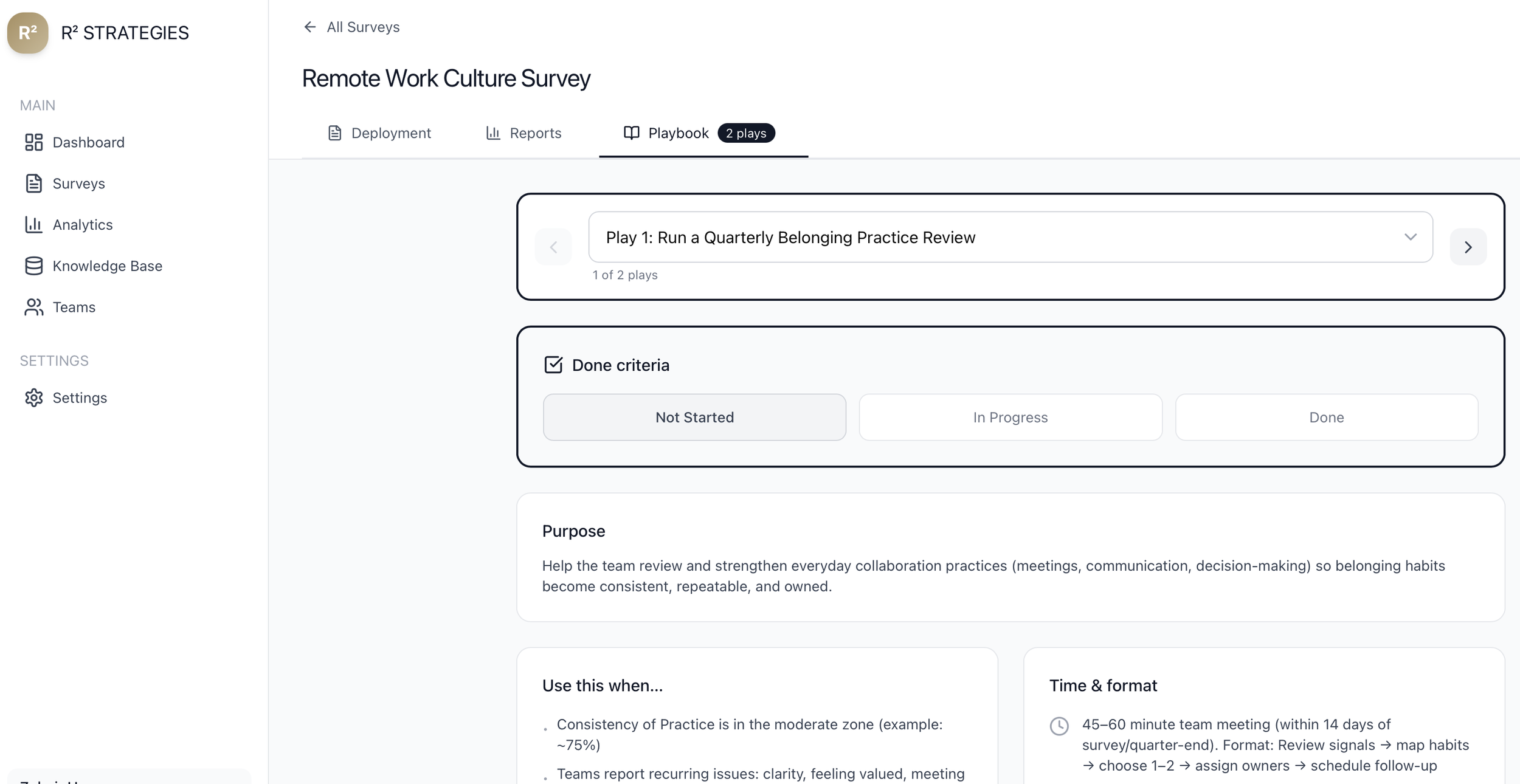 Screenshot of an online survey platform with a titled page "Remote Work Culture Survey" showing menu options on the left, including Dashboard, Surveys, Analytics, Knowledge Base, Teams, and Settings. The main area displays a survey section titled "Play 1: Run a Quarterly Belonging Practice Review" with options for marking criteria as Done, Not Started, In Progress, and Done. The page includes instructions and a timeline for a team meeting.