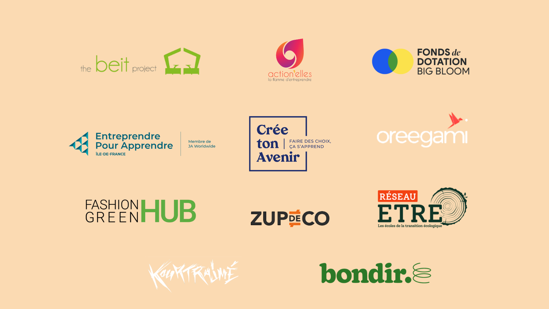 Collection de logos associant diverses initiatives et organisations en lien avec l'entrepreneuriat, l'écologie, la formation, et le développement durable.