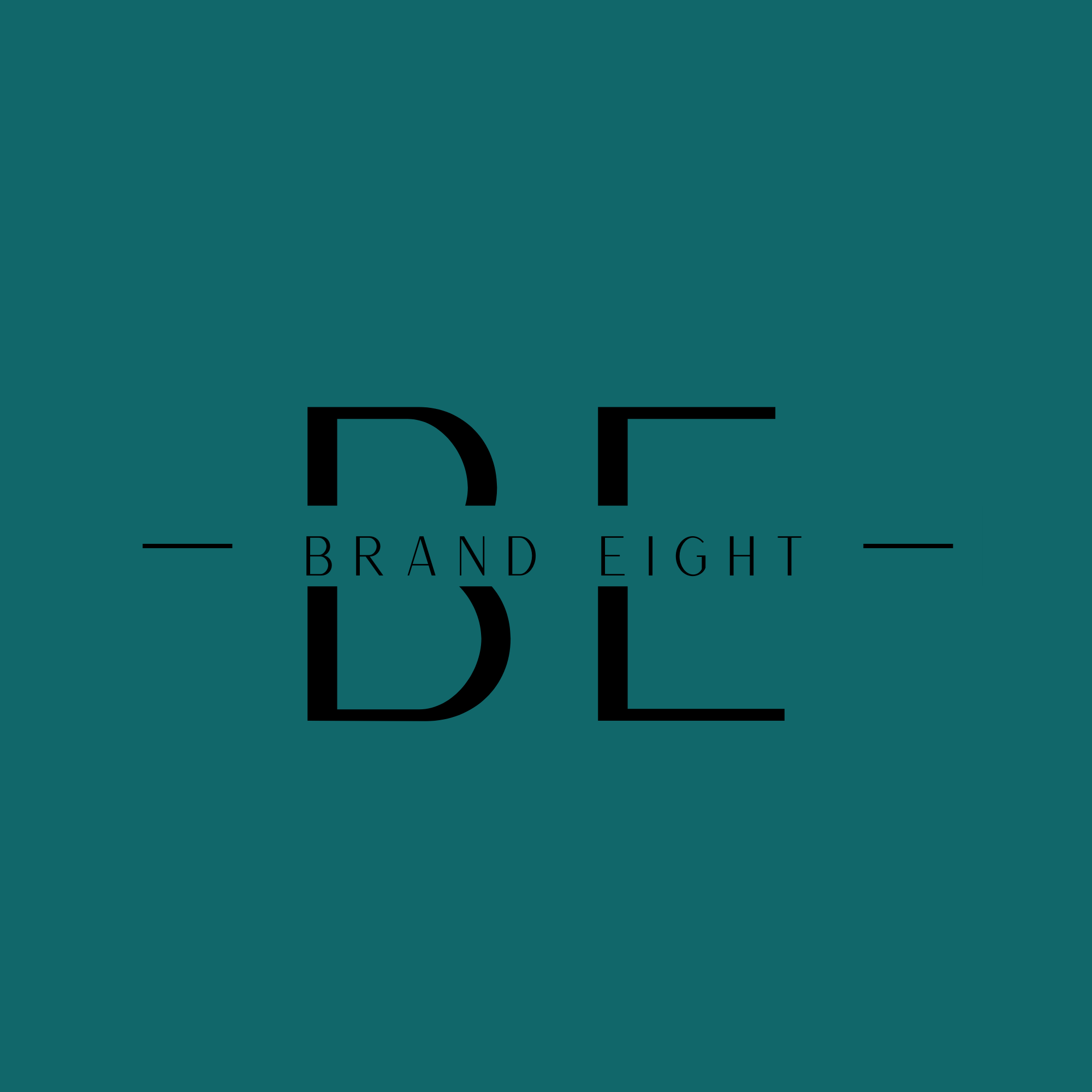 Logo design with large black letters 'DE' and smaller text 'BRAND EIGHT' on a teal background.
