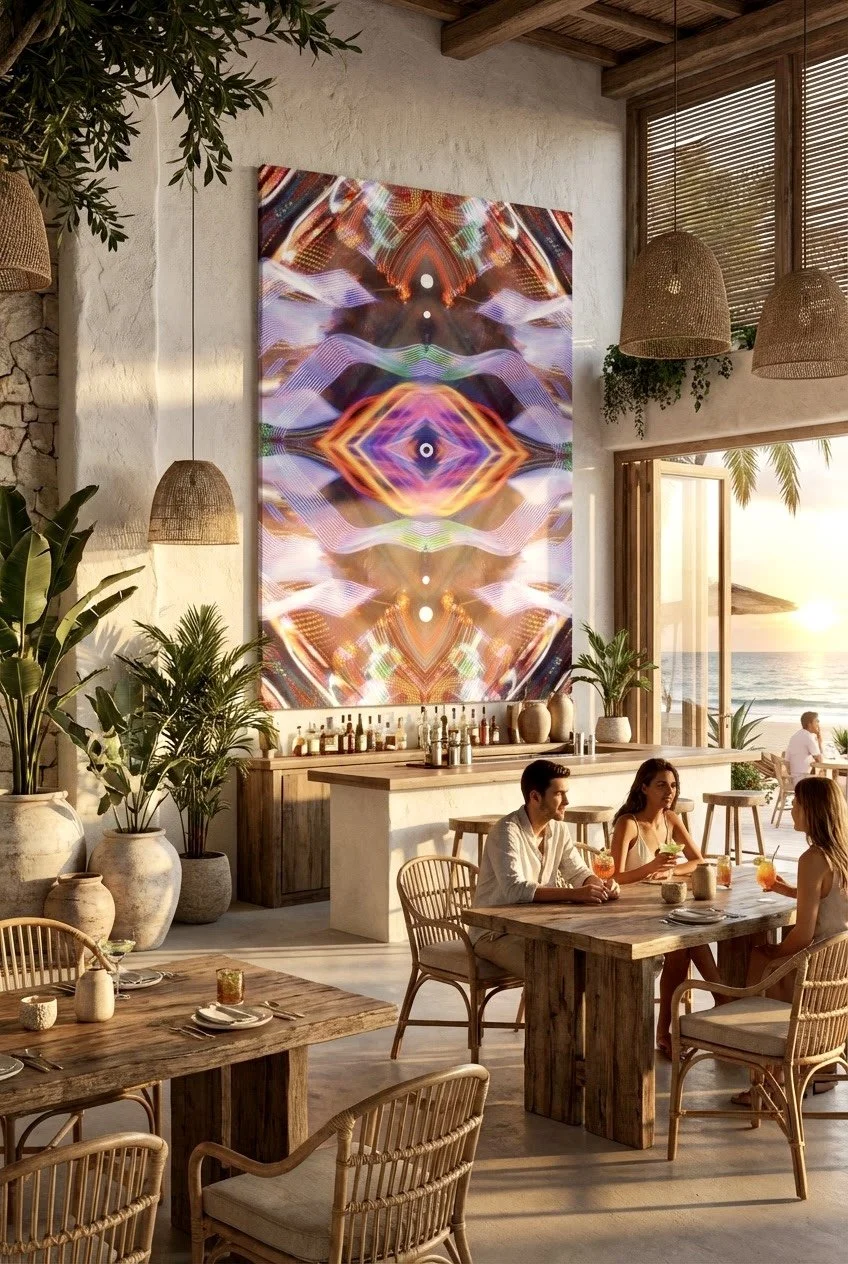 Intérieur d'un restaurant en bord de mer avec des tables en bois, chaises en rotin, un bar avec des bouteilles, des plantes en pot, et un grand tableau d'art numérique abstrait avec des effets de lumière. Une grande fenêtre ouverte donne sur la plage au coucher du soleil.