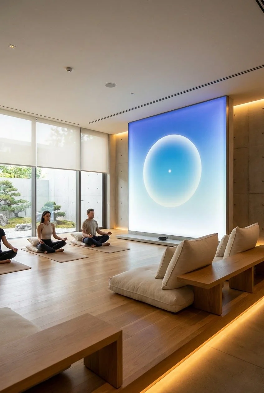 Groupe de quatre personnes méditant dans une salle lumineuse avec un grand écran display et une vue sur un jardin japonais.