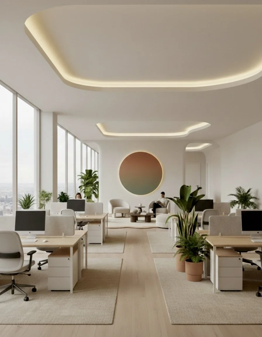 Un bureau moderne avec plusieurs bureaux équipés d'ordinateurs, des plantes en pot, des sièges ergonomiques, un espace de détente avec des fauteuils et des tables basses, de grandes fenêtres laissant entrer la lumière naturelle, un mur avec un cercle décoratif, et un plafond avec un éclairage intégré subtil.
