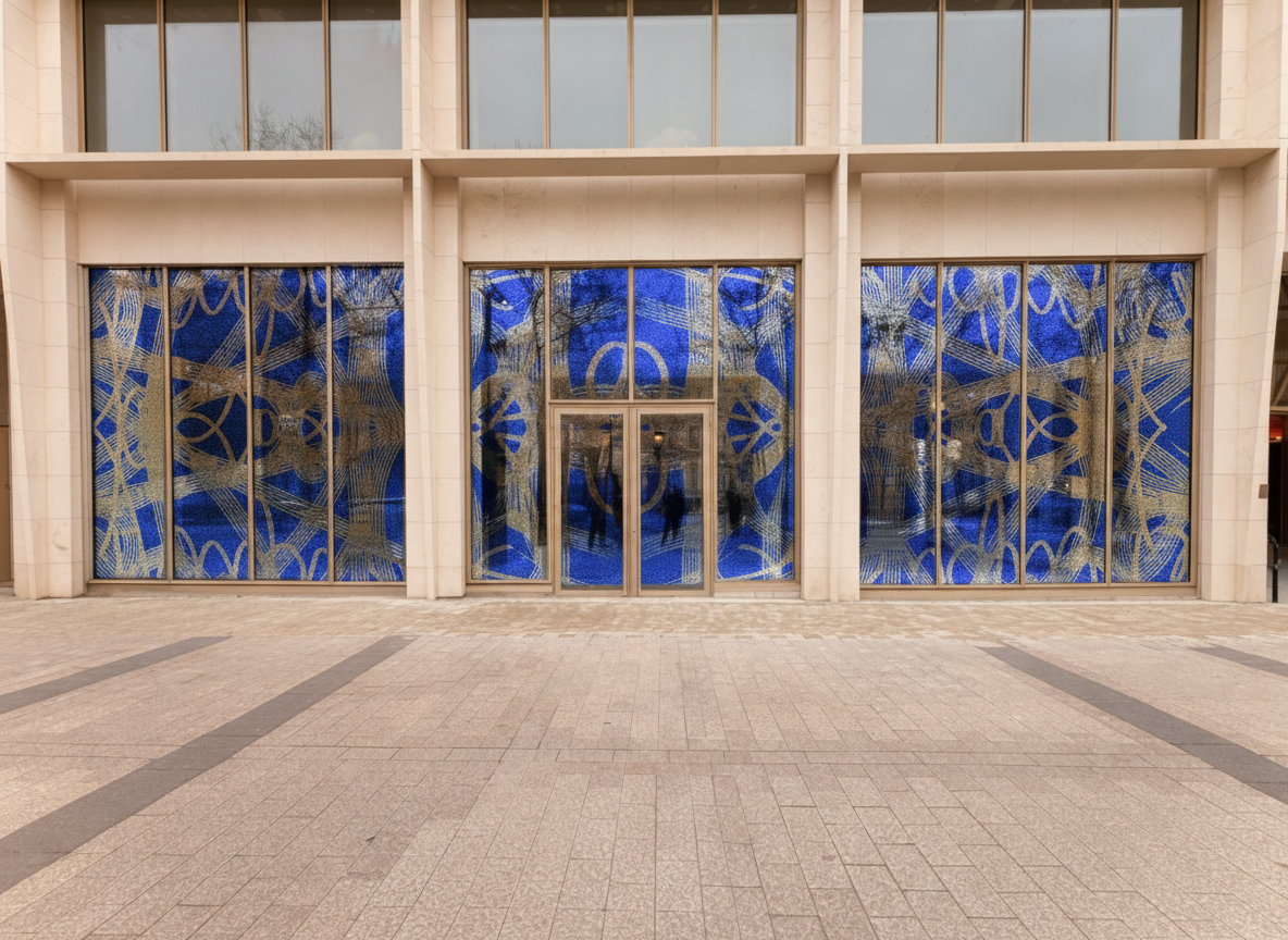 Vitrines de façade avec motifs abstraits en bleu et or, bâtiment moderne en pierre