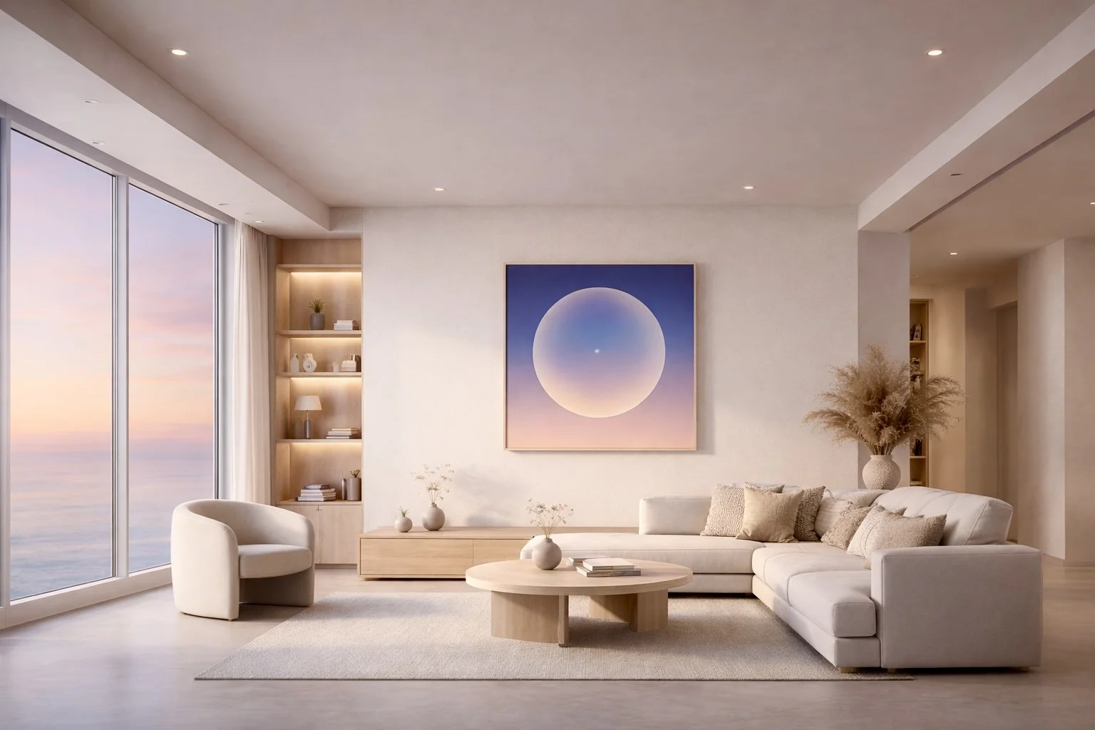 Salón moderne avec canapé blanc, table basse ronde, fauteuil, étagère avec objets décoratifs, grande fresque abstraite sur le mur, vue sur la mer au coucher du soleil, décoration neutre et élégante.