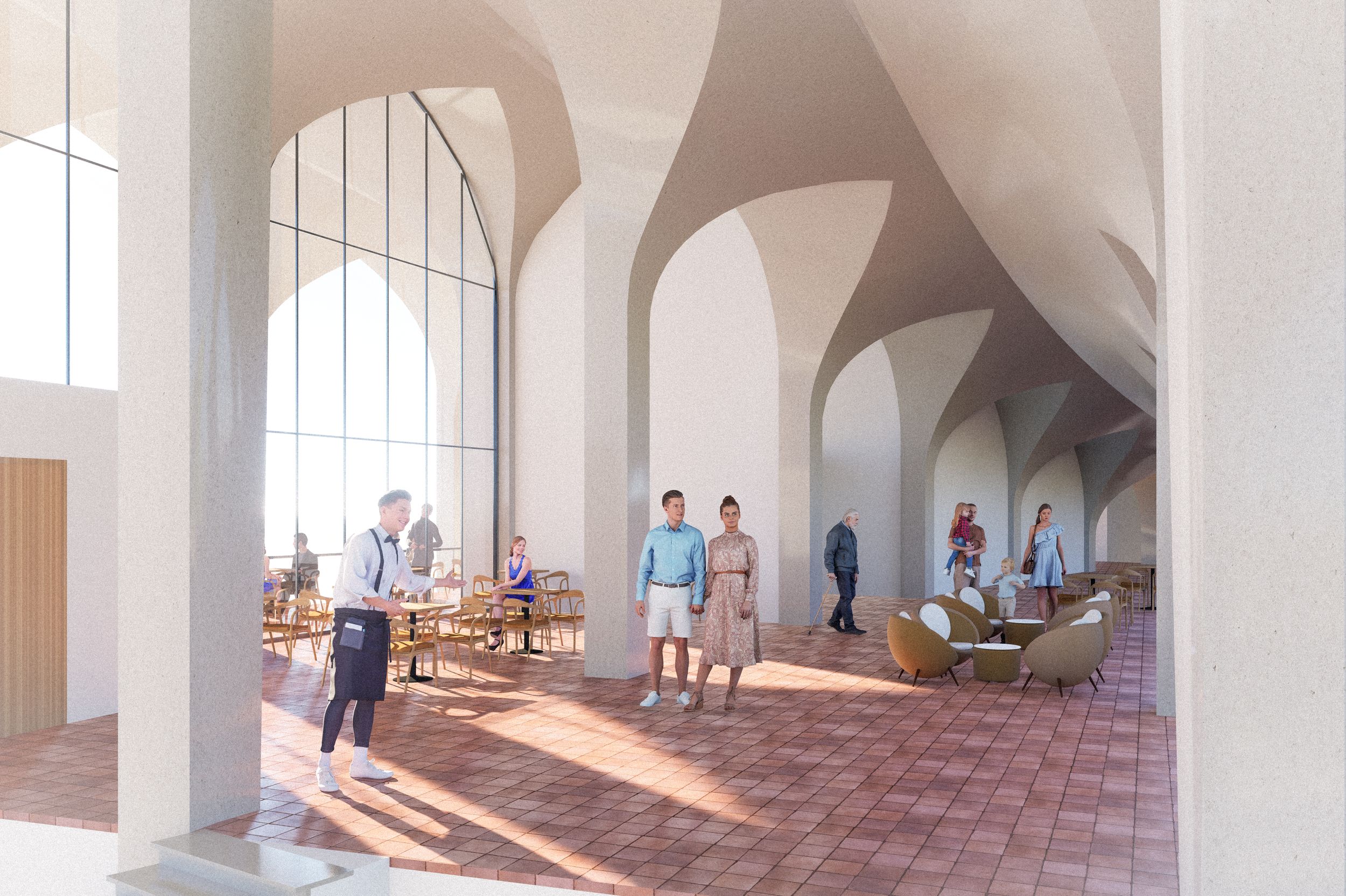 Restaurant groin vault ceiling descends creating intimate contact with the structure, enclosed with curtain wall 