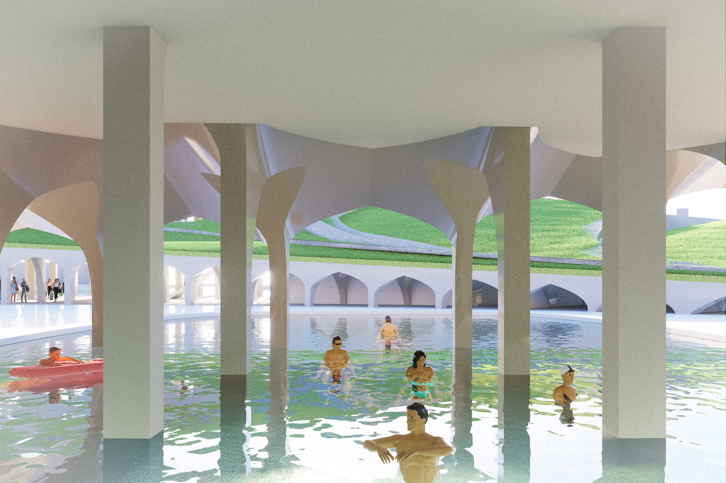 Full swimming pool and recreational center on ground floor extending out into open air 