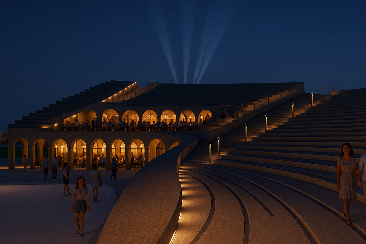 AI-generated conceptual restaurant event activation, view from ampitheater