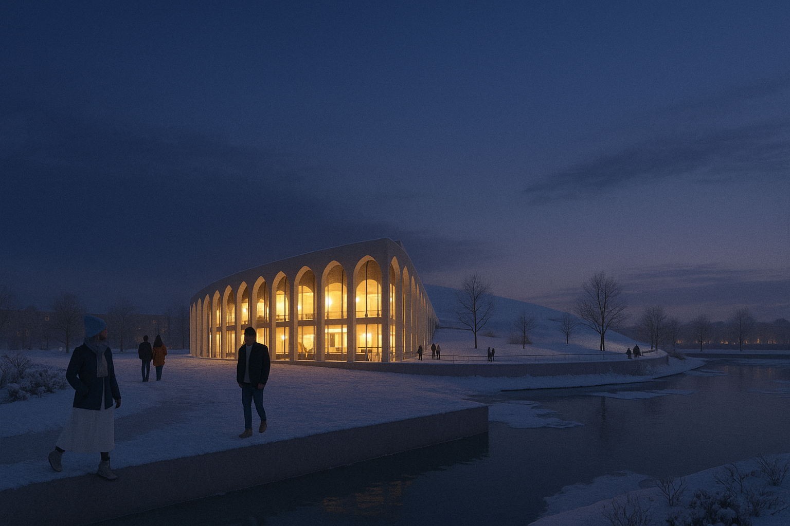 AI-generated conceptual winter season, view from approaching site entrance