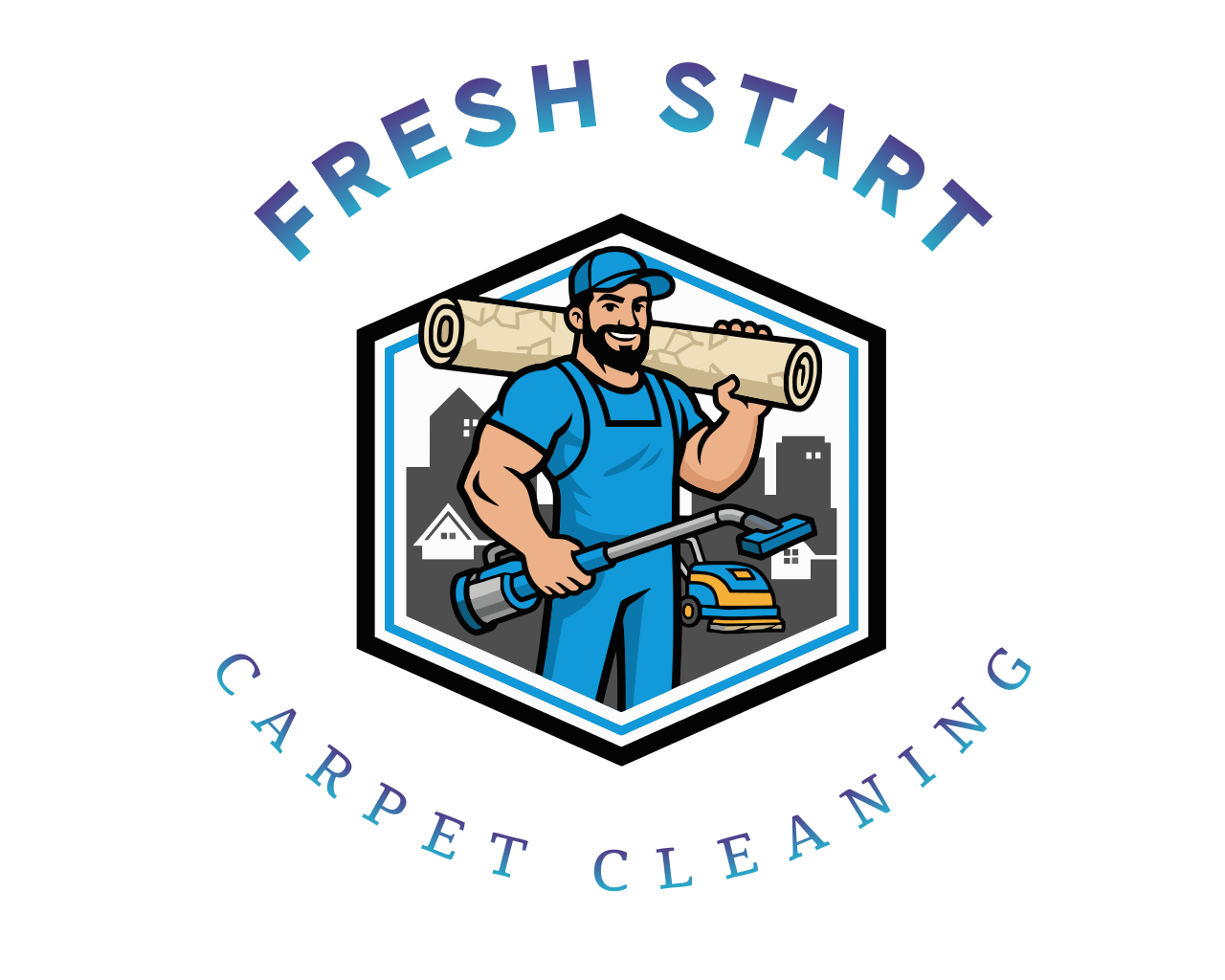 Logo featuring a smiling man with a beard, wearing a blue cap and apron, carrying a rolled-up blueprint on his shoulder and holding a power tool, with a cityscape background.