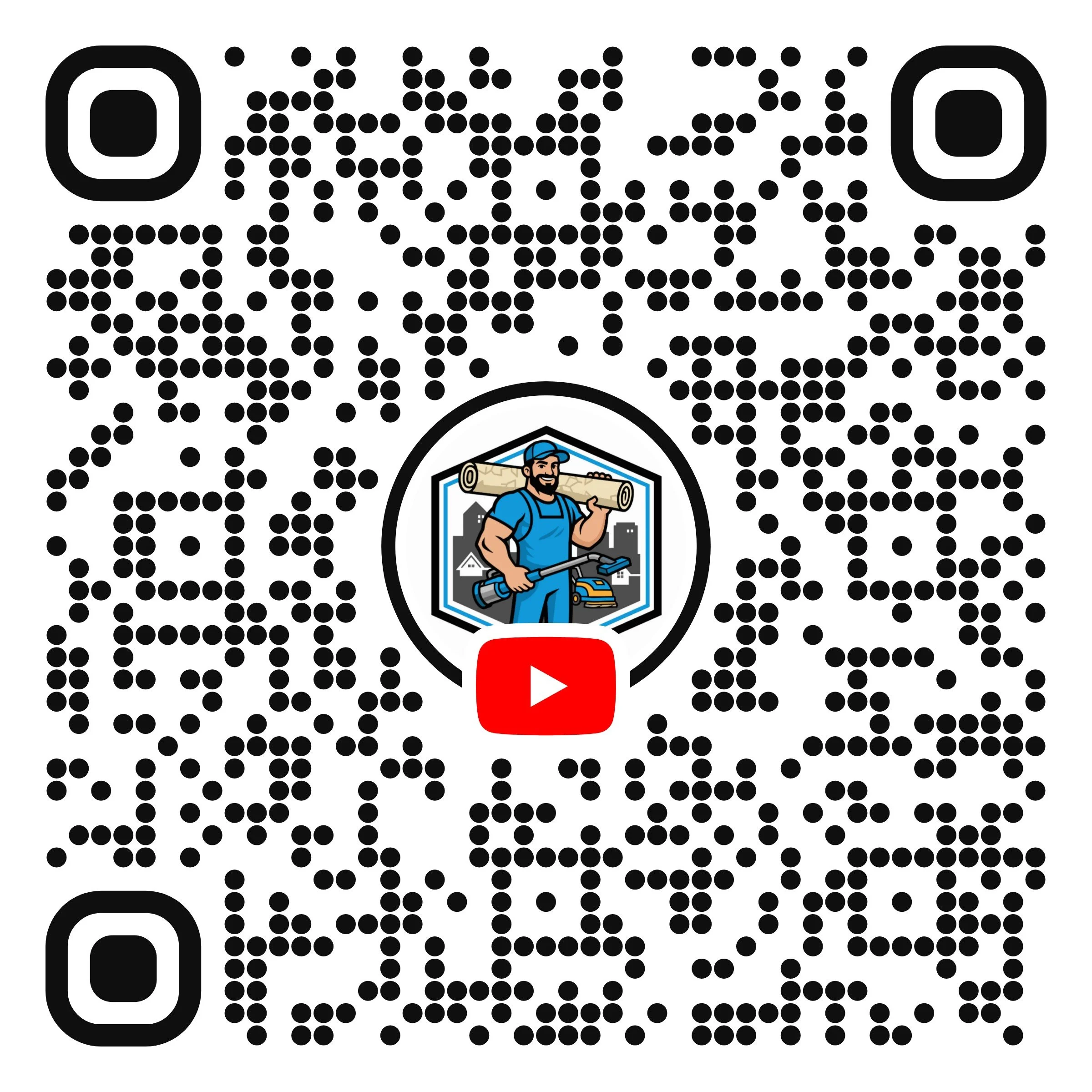 A QR code with a central logo featuring a smiling man wearing a blue cap and blue shirt, holding a rolled-up blueprint under one arm, with a cityscape and house in the background.