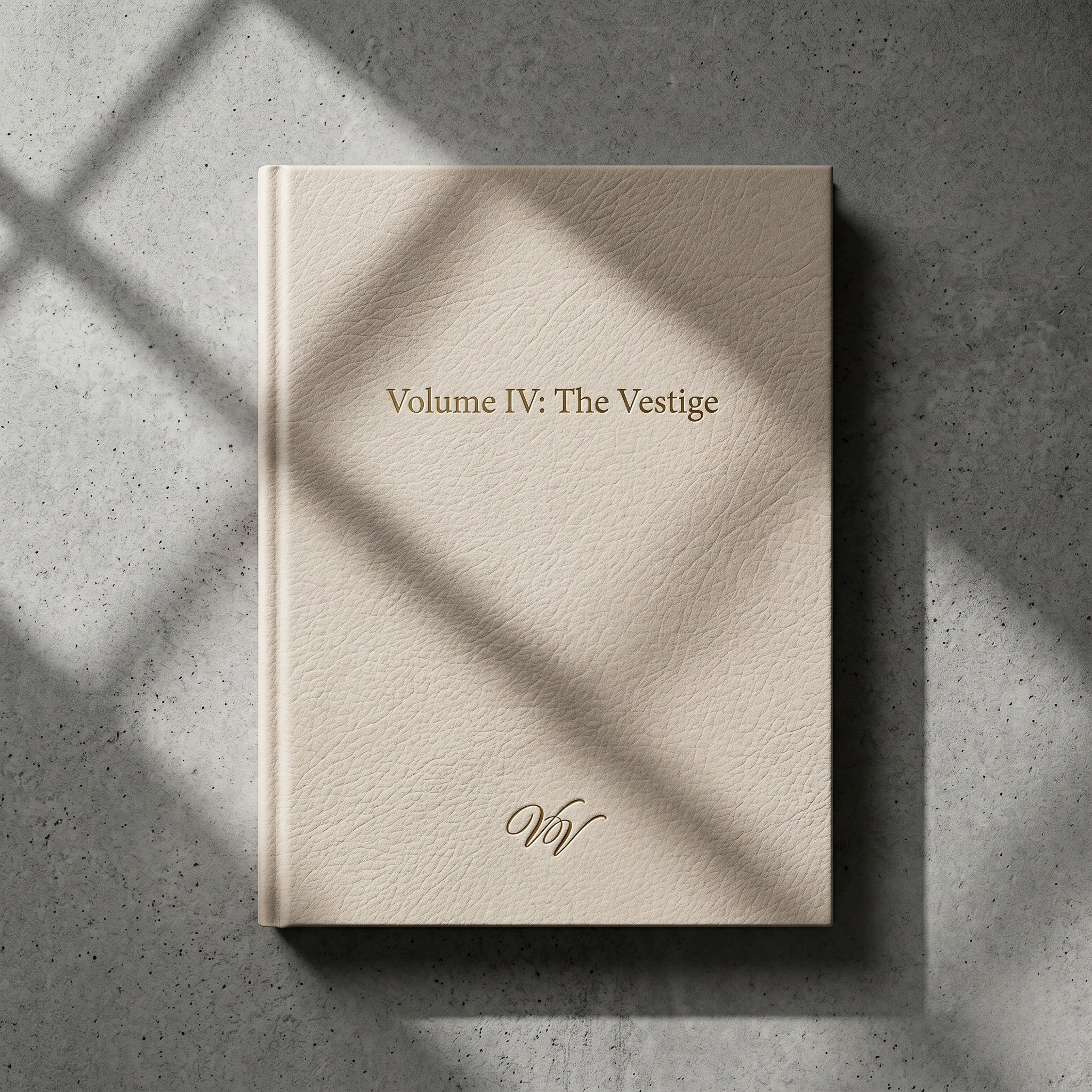 A cream-colored book titled 'Volume IV: The Vestige' resting on a gray speckled surface with shadows cast over the top part of the book.