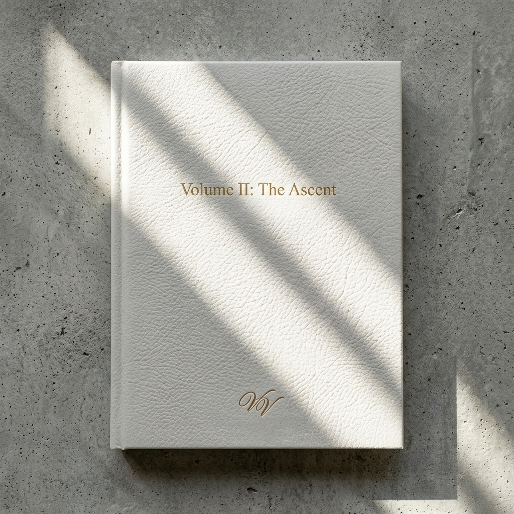 A white textured book titled 'Volume II: The Ascent' lies on a concrete surface with diagonal shadow lines across it.