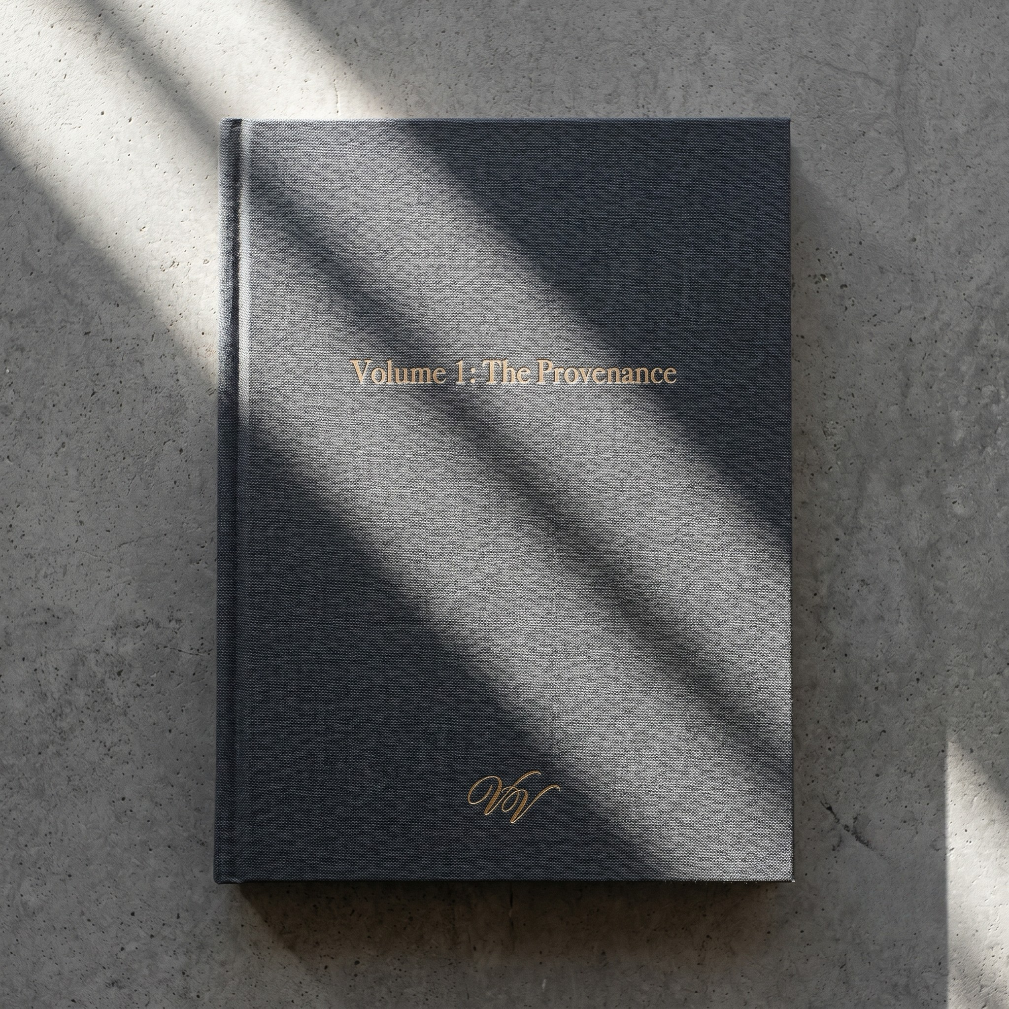 A closed black hardcover book titled 'Volume 1: The Provenance' with gold embossed lettering on the cover, resting on a speckled light-colored surface with shadows cast across.