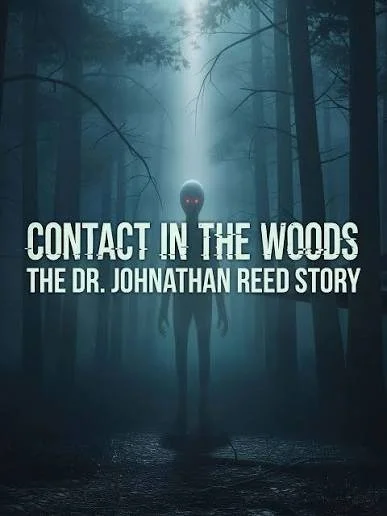 A dark, foggy woods with tall trees, and a tall figure with glowing eyes standing in the center, with the title 'Contact in the Woods: The Dr. Johnathan Reed Story' overlaid.