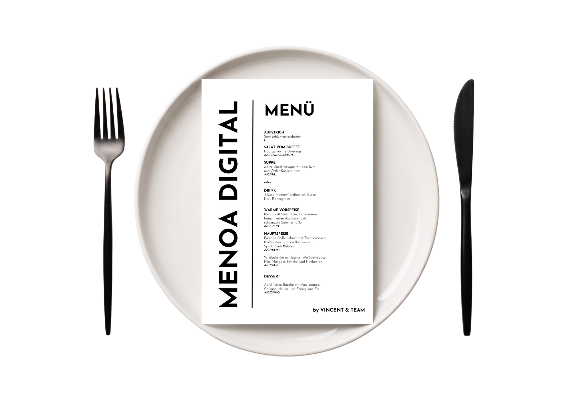 A white plate with a black-handled fork on the left and a black-handled knife on the right. The plate has a menu placed in the center with text in German. The menu is titled 'MENÜ' and lists various dishes and ingredients.
