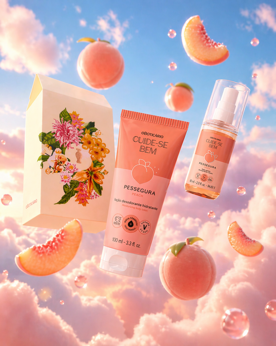 Skincare products with peach and floral packaging floating in a cloudy sky with peaches and peach slices and water droplets.