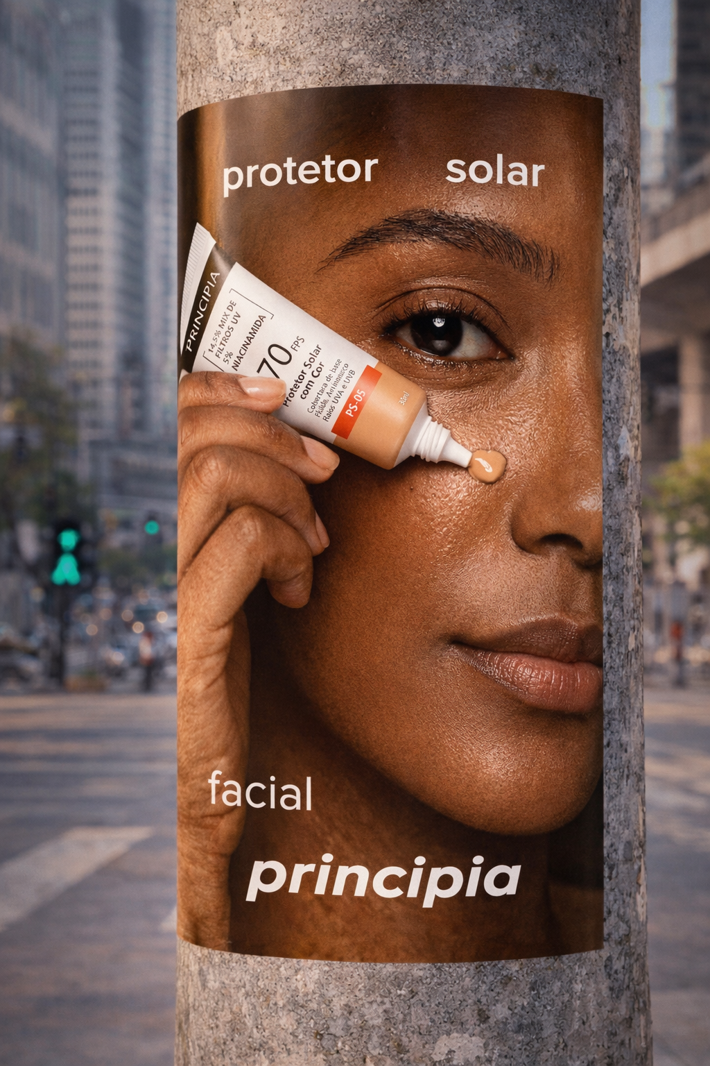 A billboard featuring a close-up of a woman's face with dark skin, holding a tube of sunscreen near her eye. The billboard has words in Spanish: 'protector solar,' meaning sunscreen, and 'facial,' with the brand name 'principia' at the bottom.